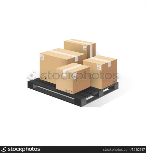 Boxes on wooden pallet isolated. 3d perspective vector illustration