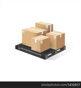 Boxes on wooden pallet isolated. 3d perspective vector illustration