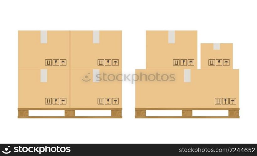 Boxes pallet. Beige cardboard closed box stack with fragile sign on wooden pallets, packaging cargo storage, industry shipment, shipping goods vector isolated set. Boxes pallet. Cardboard box stack with fragile sign on wooden pallets, packaging cargo storage, industry shipment, shipping goods vector set