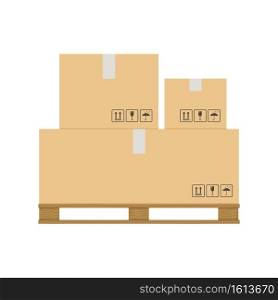 Boxes pallet. Cardboard box stack with fragile sign on wooden pallets, closed parcels, packaging cargo storage, industry shipment, shipping goods, warehouse object, flat vector isolated illustration. Boxes pallet. Cardboard box stack with fragile sign on wooden pallets, closed parcels, packaging cargo storage, industry shipment, shipping goods, warehouse flat vector illustration