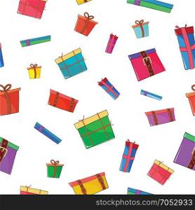 Boxes. Seamless pattern with various colored boxes on transparent background.