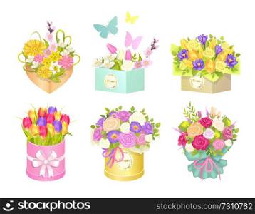 Boxes with bouquets and butterflies flying, rounded and squared containers and flowers of different types, vector illustration, isolated on white. Boxes Bouquets and Butterflies Vector Illustration