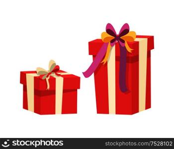 Boxes with presents decorated by silk tape and topped by bow, vector Christmas surprise in package isolated on white. Wrapped gift in cardboard, vector. Boxes with Presents Decorated by Silk Tape Bow Top