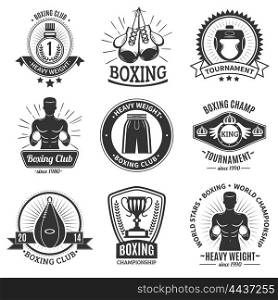 Boxing Black Emblems On White Background. Set of boxing club black logo and emblems with boxer torso gloves punching bag and championship cup on white background isolated vector illustration