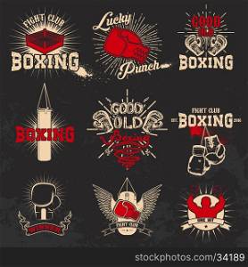 Boxing. Boxing club labels on grunge background. T-shirt print template. Design elements for logo, labe, emblem.