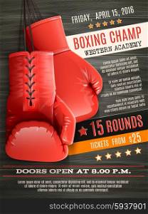 Boxing champ poster with realistic red gloves on wooden background vector illustration. Gloves Boxing Poster