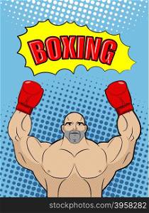 Boxing champion style of pop art with the babble box. Athlete raised his hands in a victory gesture. Man in boxing gloves on a blue background. Vector illustration sports fighter.&#xA;