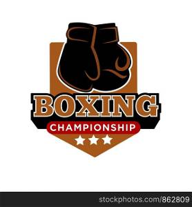 Boxing championship or tournament logo template. Vector isolated icon of boxer gloves and stars emblem for boxing school or sport team club badge. Boxing championship vector icon template of boxer box gloves