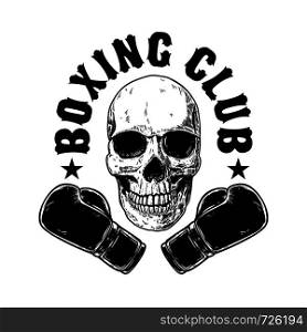 Boxing club emblem template. Human skull with boxing gloves. Design element for poster, card, banner, sign, emblem, label. Vector illustration