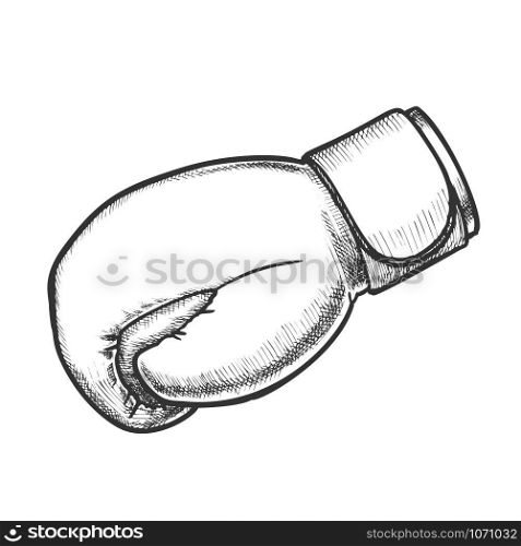 Boxing Glove Sport Cloth Side View Ink Vector. Box Glove With Elastic Cuffs And Padded Protects Knuckles. Engraving Template Hand Drawn In Vintage Style Black And White Illustration. Boxing Glove Sport Cloth Side View Ink Vector