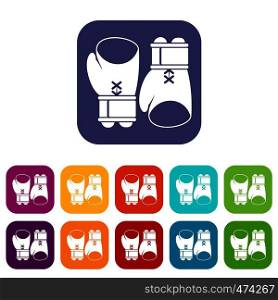 Boxing gloves icons set vector illustration in flat style In colors red, blue, green and other. Boxing gloves icons set