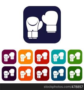 Boxing gloves icons set vector illustration in flat style in colors red, blue, green, and other. Boxing gloves icons set