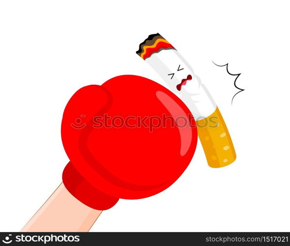 Boxing gloves or mitt punch a cigarette. Quitting smoking concept. World No Tobacco Day. Vector illustration isolated on white background.