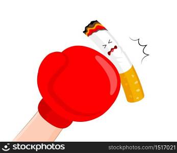 Boxing gloves or mitt punch a cigarette. Quitting smoking concept. World No Tobacco Day. Vector illustration isolated on white background.