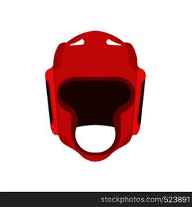 Boxing helmet flat symbol front view pictogram. Protection red gym hat. Uniform man mask sport vector icon