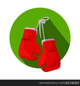 Boxing icon. Classic red boxing gloves hanging on a nail on green circle flat vector illustration isolated on white background. Sport inventory. Fighting spirit. For games, sport stores app, web, design. Box Vector Icon with Classic Red Boxing Gloves