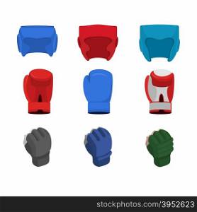 Boxing icon set. Boxing gloves, helmet, gloves mix fight, MMA