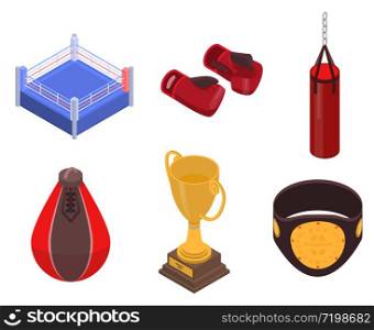 Boxing icons set. Isometric set of boxing vector icons for web design isolated on white background. Boxing icons set, isometric style