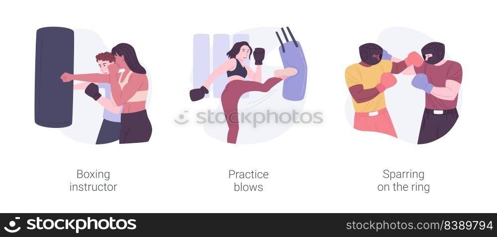 Boxing isolated cartoon vector illustrations set. Boxing instructor, practice blows, sparring on the ring, hit punching bag, kickboxing gym, sparring in gloves and helmets vector cartoon.. Boxing isolated cartoon vector illustrations set.