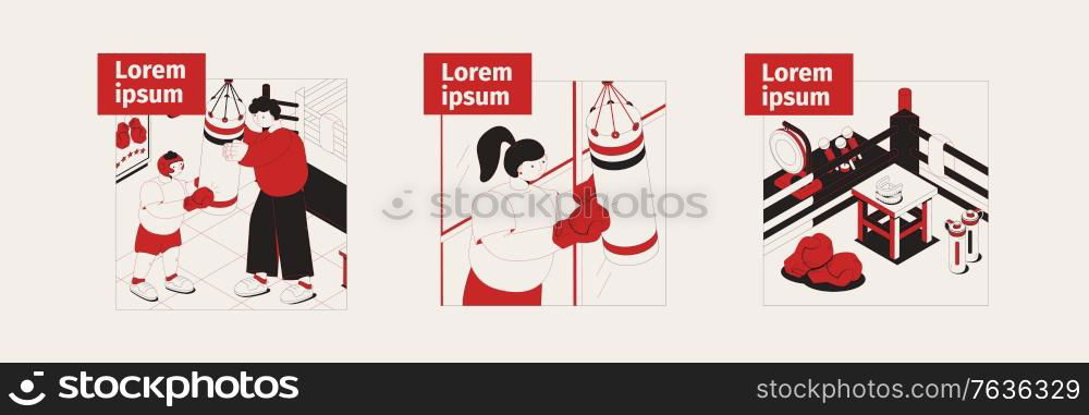 Boxing isometric illustrations of ring corner and athletes training with sports equipment vector illustration