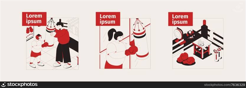 Boxing isometric illustrations of ring corner and athletes training with sports equipment vector illustration