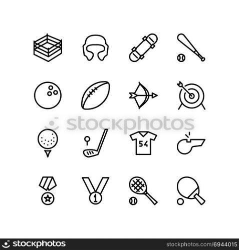 Boxing ring, training and sports equipment icon set