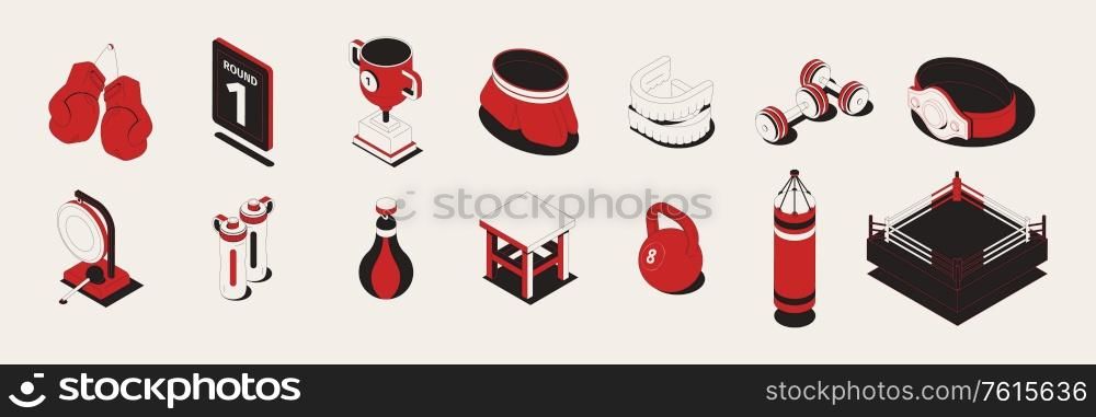 Boxing set with isometric icons and isolated images of sport equipment with trophies and gymnastic apparatus vector illustration