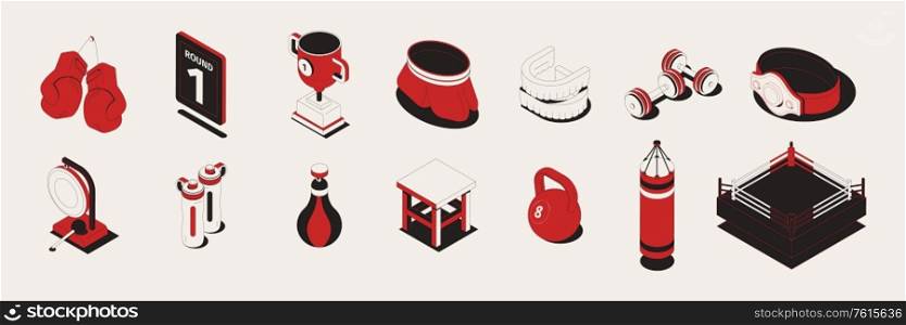 Boxing set with isometric icons and isolated images of sport equipment with trophies and gymnastic apparatus vector illustration