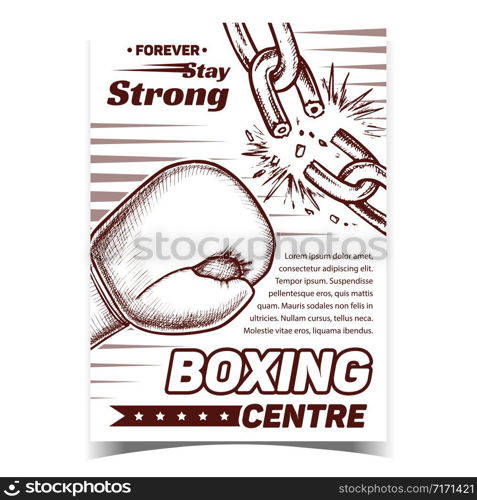 Boxing Sport Centre Advertising Banner Vector. Boxing Glove Break Chain. Sportsman Equipment For Combat On Ring. Fist Protection Concept Template Hand Drawn In Vintage Style Monochrome Illustration. Boxing Sport Centre Advertising Banner Vector