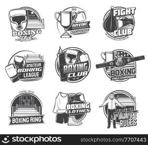 Boxing sport icons of vector box punching bags, boxer gloves and helmets. Boxing championship ring, belt, winner trophy cup and score board, referee and uniform isolated monochrome symbols, emblems. Boxing sport icons, punching bags, boxer gloves