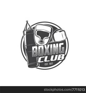 Boxing sport isolated icon with vector boxer gloves, helmet and punching bag. Box fighter equipment and protective uniform round symbol of boxing sport club, sporting competition and box fight design. Boxing sport icon, boxer gloves, helmet, punch bag