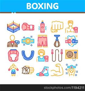 Boxing Sport Tool Collection Icons Set Vector Thin Line. Boxing Glove And Shirts, Protection Helmet And Mouth Piece, Ring And Box Award Concept Linear Pictograms. Color Contour Illustrations. Boxing Sport Tool Collection Icons Set Vector
