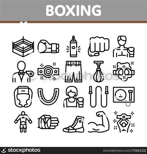 Boxing Sport Tool Collection Icons Set Vector Thin Line. Boxing Glove And Shirts, Protection Helmet And Mouth Piece, Ring And Box Award Concept Linear Pictograms. Monochrome Contour Illustrations. Boxing Sport Tool Collection Icons Set Vector