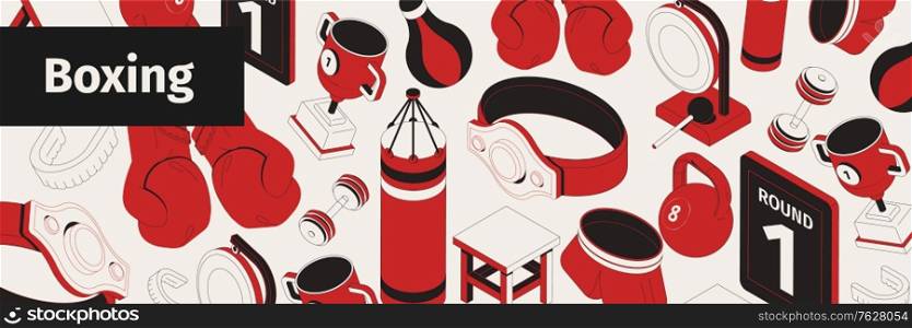Boxing web site pattern isometric composition with text and icons of gloves punching bags and trophies vector illustration