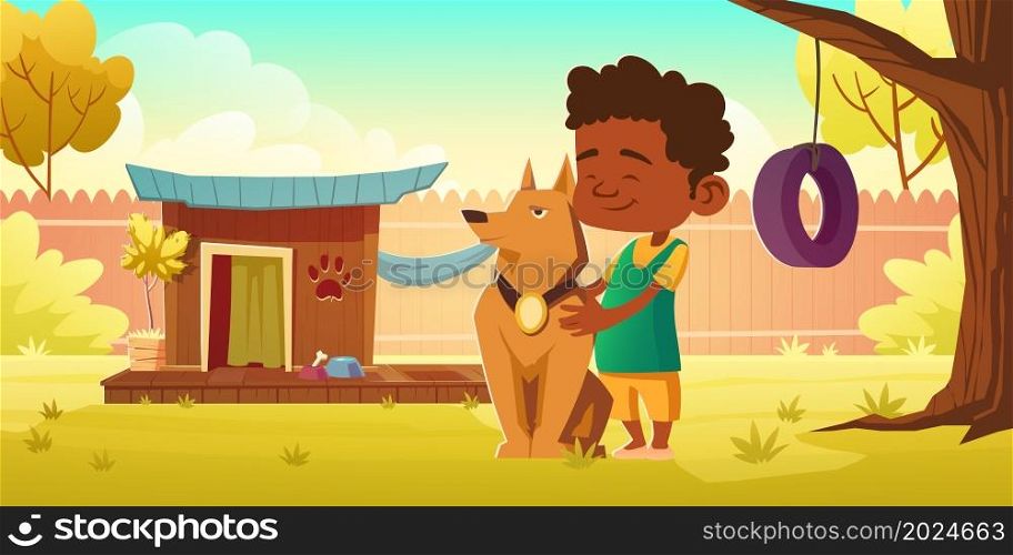 Boy and dog on backyard with canine kennel, fence and tree with tire swing. Vector cartoon illustration of garden or house yard with doghouse and happy kid with pet. Boy and dog on backyard with canine kennel