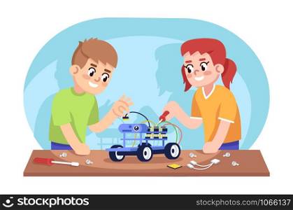 Boy and girl assembling robot car flat vector illustration. Automated constructor kit for children. After school club. Robotics courses for youngsters. Kids creating electronic toy cartoon characters