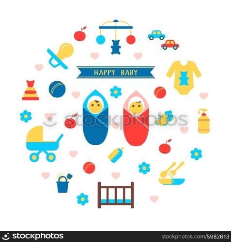 Boy And Girl Baby Set. Boy and girl baby set with products for newborns flat isolated vector illustration