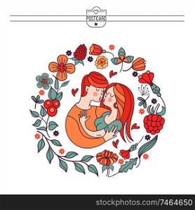 Boy and girl. Bride and groom. Love. Vector illustration in a linear fashion. Valentine&rsquo;s day card. Couple in love framed by a floral wreath.