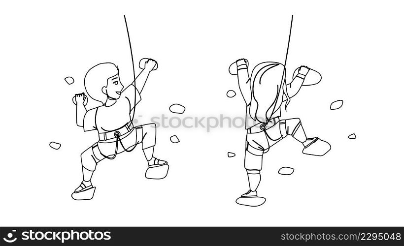 Boy And Girl Children Climbing Together Black Line Pencil Drawing Vector. Schoolgirl And Schoolboy Kids Climbing Wall In Sport Center Attraction. Characters Schoolchildren Sportive Activity. Boy And Girl Children Climbing Together Vector