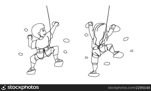 Boy And Girl Children Climbing Together Black Line Pencil Drawing Vector. Schoolgirl And Schoolboy Kids Climbing Wall In Sport Center Attraction. Characters Schoolchildren Sportive Activity. Boy And Girl Children Climbing Together Vector