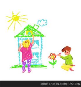 Boy And Girl Children Drawing With Crayon Vector. Schoolboy And Schoolgirl Draw Picture House, Sun And Flower On Wall With Multicolor Crayon. Characters Kids Painting Flat Cartoon Illustration. Boy And Girl Children Drawing With Crayon Vector