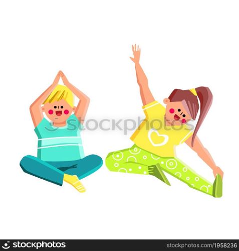 Boy And Girl Children Exercising Kid Yoga Vector. Preteen Schoolboy And Schoolgirl Training Kid Yoga Together. Characters Practicing Exercise, Active Time Flat Cartoon Illustration. Boy And Girl Children Exercising Kid Yoga Vector
