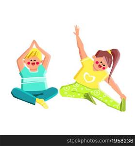 Boy And Girl Children Exercising Kid Yoga Vector. Preteen Schoolboy And Schoolgirl Training Kid Yoga Together. Characters Practicing Exercise, Active Time Flat Cartoon Illustration. Boy And Girl Children Exercising Kid Yoga Vector