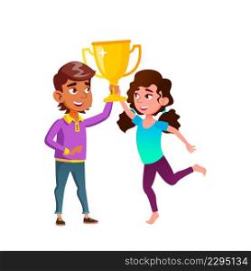 Boy And Girl Children Holding Trophy Cup Vector. Happiness Hispanic Schoolboy And Caucasian Schoolgirl Kids Hold Trophy Cup Reward Celebrate Victory In Sport Game. Characters Flat Cartoon Illustration. Boy And Girl Children Holding Trophy Cup Vector
