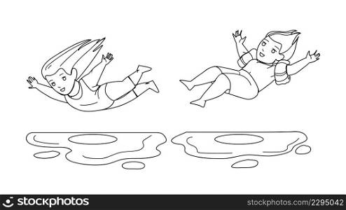 Boy And Girl Children Jumping Into Water Black Line Pencil Drawing Vector. Preteen Schoolboy And Schoolgirl Kids Jump Into Swimming Pool Water. Characters Funny Playful Time On Vacation Illustration. Boy And Girl Children Jumping Into Water Vector