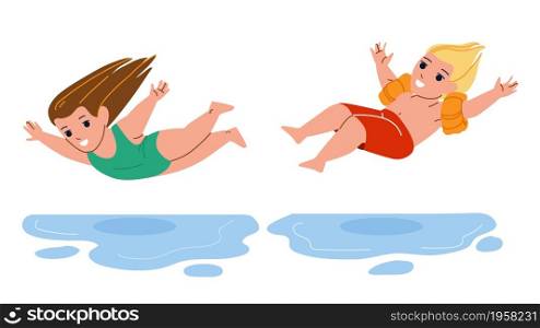 Boy And Girl Children Jumping Into Water Vector. Preteen Schoolboy And Schoolgirl Kids Jump Into Swimming Pool Water. Characters Funny Playful Time On Vacation Flat Cartoon Illustration. Boy And Girl Children Jumping Into Water Vector