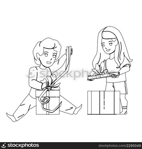 Boy And Girl Children Opening Gift Boxes Black Line Pencil Drawing Vector. Schoolgirl And Schoolboy Kids Open Gift Cardboards On New Year Or Birthday Party. Characters Schoolchildren With Present. Boy And Girl Children Opening Gift Boxes Vector