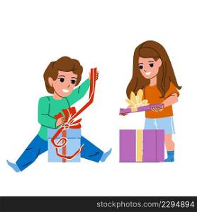 Boy And Girl Children Opening Gift Boxes Vector. Schoolgirl And Schoolboy Kids Open Gift Cardboards On New Year Or Birthday Party. Characters Schoolchildren With Present Flat Cartoon Illustration. Boy And Girl Children Opening Gift Boxes Vector
