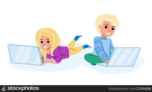 Boy And Girl Children Playing On Laptop Vector. Schoolboy And Schoolgirl Kids Play Video Game Or Education Lesson On Computer. Characters Using Digital Device Flat Cartoon Illustration. Boy And Girl Children Playing On Laptop Vector