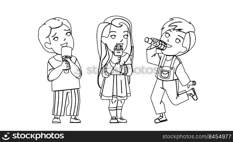 Boy And Girl Children Singing Song Together Vector. Schoolboy And Schoolgirl Kids Singing On Festival Party In Microphone. Happiness Characters Enjoyment And Relaxation black line illustration. Boy And Girl Children Singing Song Together Vector